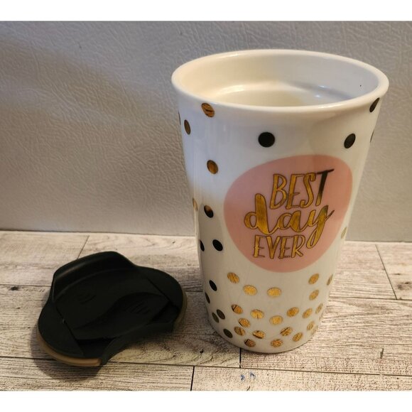 Ceramic Travel Mug with Lid Best Day Ever Polka Dot Charming Charlie - Picture 2 of 10